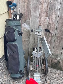 Lot of Vintage 15 Golf Clubs With Bag And J.C. Higgins Pull Cart