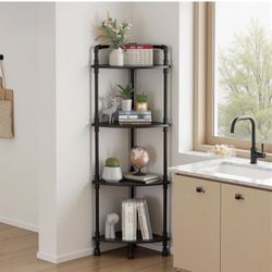 Fun Memories 4-Tier Corner Shelf Stand, Grey Storage Bookshelf for Bathroom, Living Room, Kitchen, Home Office (Black(4 Tier))