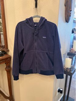 Patagonia Women Navy Blue Shearling Fleece Sherpa Hooded Zip Jacket Size Large