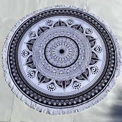 White And Black Round Beach Towel