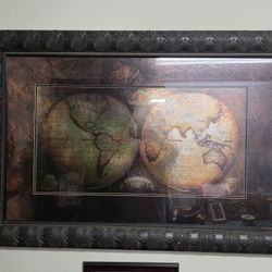 Framed Double Hemisphere World Map – Old World Style, Ornate Frame
