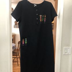 Women’s Size 20 MIDI Dress.  Black dress with colorful 3 figures.  The front has a pocket.  Made of 50% Cotton and 50% polyester.  Brand California Co
