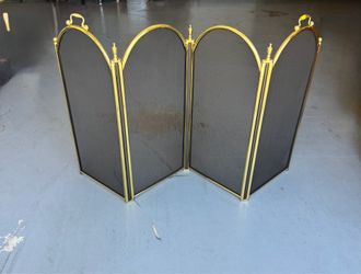 Graceful Vintage 4-Panel Folding Fireplace Screen with Brass Frame