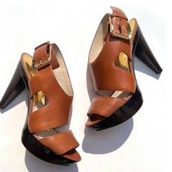 MICHAEL by Michael Kors Carla Cognac Brown Leather Platform Sandal Size 8.5