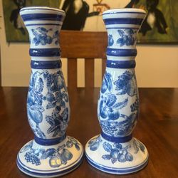 Vintage Centrum Blue and White Ceramic Candle Stick Holders