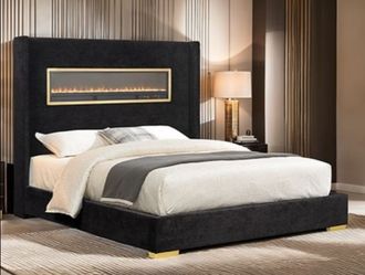 Brand New Black Queen Bed Frame w Fireplace Simulator (Available in Eastern King)