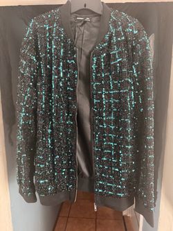 Black Sequin Bomber Jacket Teal Embellishments
