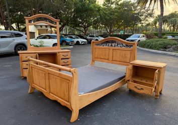Rustic Pine Bedroom Set - Bed Frame, Dresser with Mirror, and Nightstand