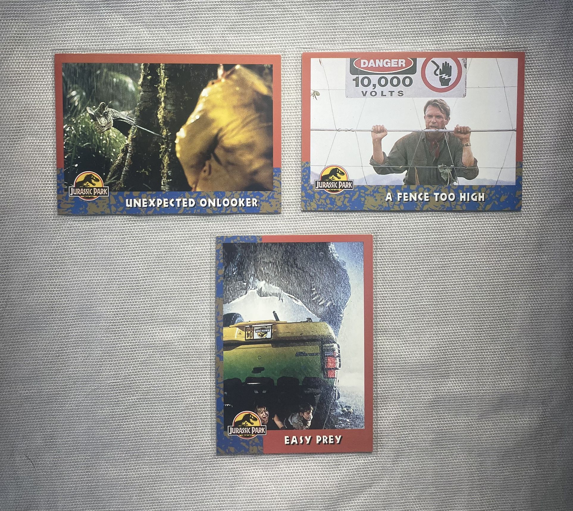 π₯β€οΈπ¦ 1993 Jurassic Park (3) Card Lot - Topps Trading Cards - Unexpected Onlooker, A Fence Too High and Easy Prey π¦β€οΈπ₯
