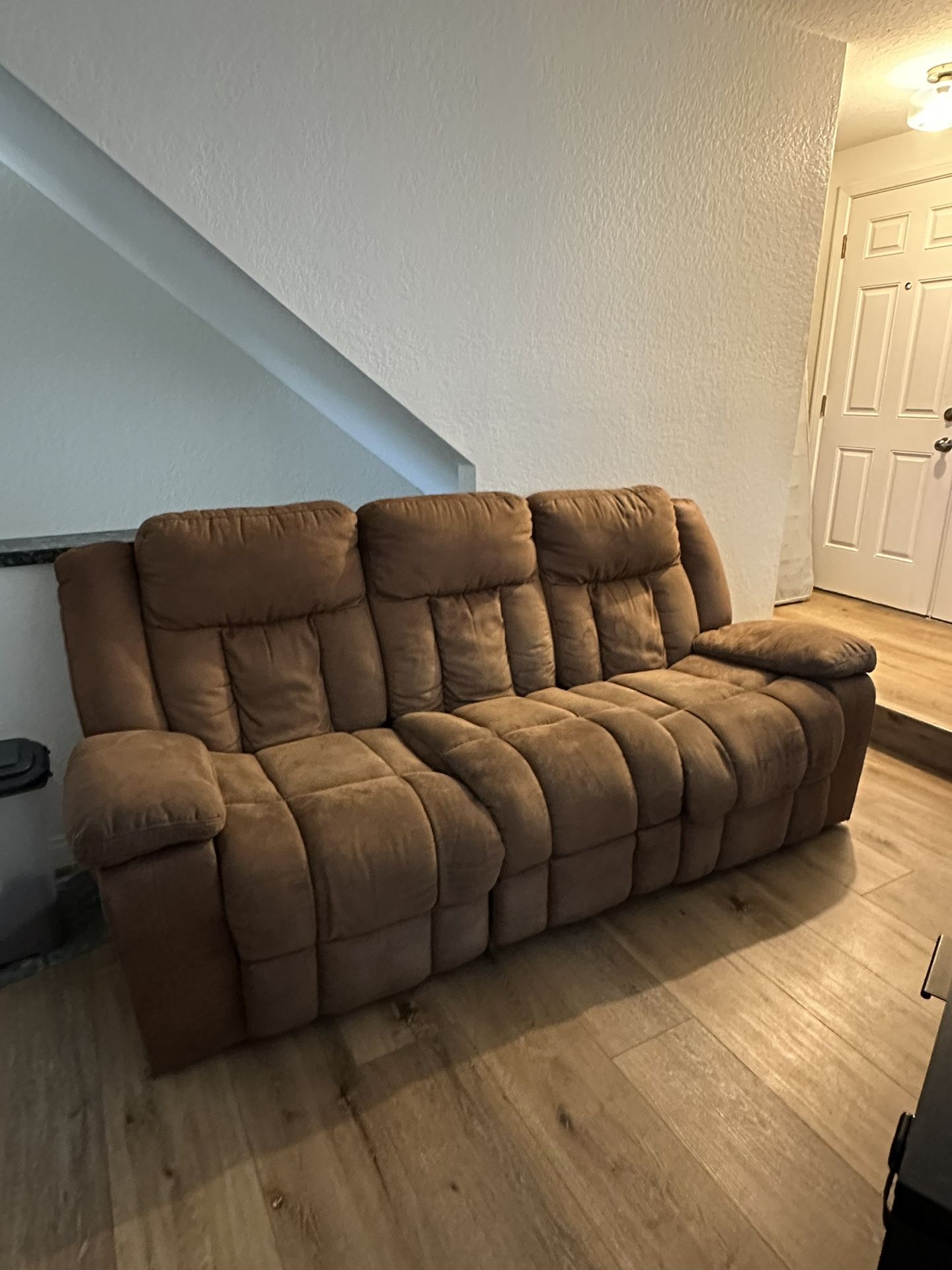 Brown Suede Couch With Two Recliner Seats