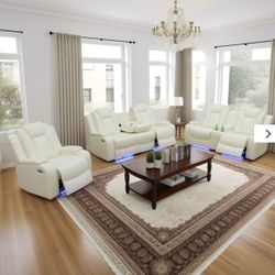 Power Electric White Leather Fully Reclining Three Piece Couch Set