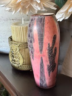 Vintage Hand-Painted Marble Decorative Vase with Etched Artisan Motif