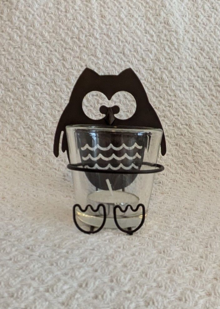 Candle Holder Black Metal Owl With Glass Bowl To Hold Tea Light Or Votive Candle