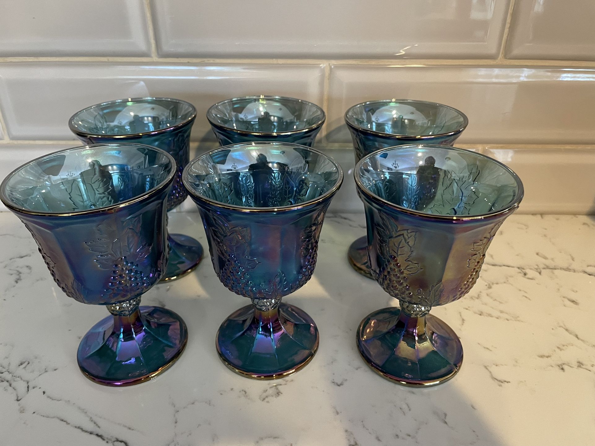 Set of 6 Vintage Indiana Carnival Glass Iridescent Blue Harvest Grape Goblets