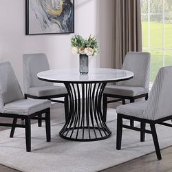 Brand New Dining Set Round Table & 4 Chairs Faux Marble Top W/ Beige Corduroy Chairs Or Grey $649