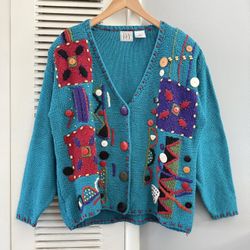 Vintage IVY Embroidered Button Knit Grandma Cardigan Teal Green Sweater