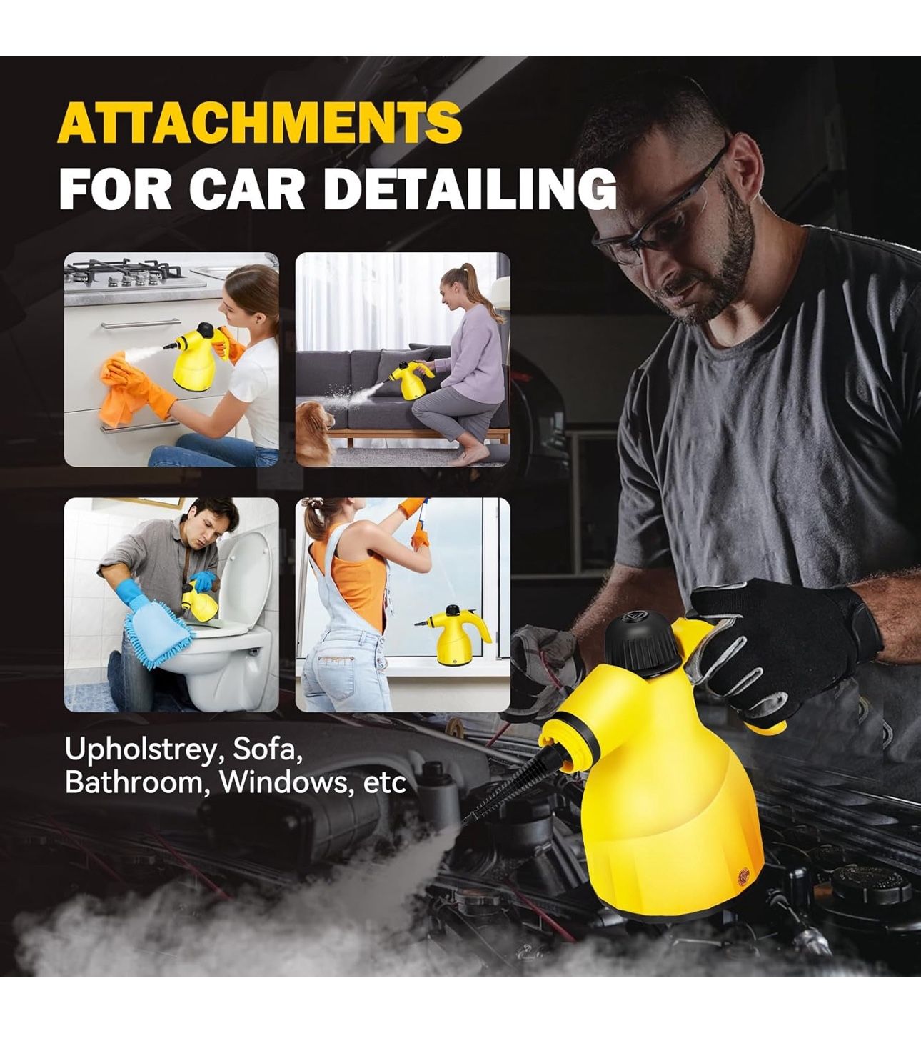 Handheld Steam Cleaner for Home, Clothes, Windows, Furniture cleaning, Detachable 10 in 1 Multipurpose Steamer with Attachments (Lemon Yellow)