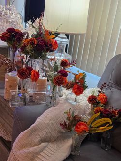 10 Fall Harvest Floral Arrangement in glass vases.