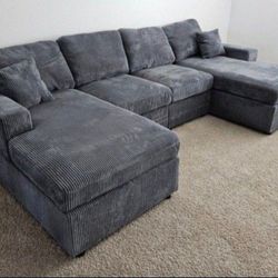 ✅️✅️4 pc  grey corduroy fabric sectional sofa with double chaise.✅️