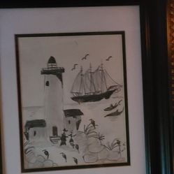  hand painted black-and-white Light House picture