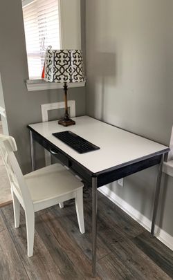 Antique enameled Metal desk and wood chair