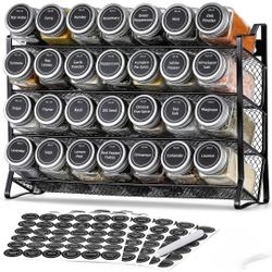 New Spice Rack Organizer with 28 Empty Spice Jars with Silver Lids, Labels - Seasoning Organizer for Countertop, Cabinet, Kitchen, Pantry