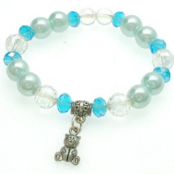 Beaded Bracelet Glass Pearls AB And Blue Crystals Bear Charm Silver Tone 