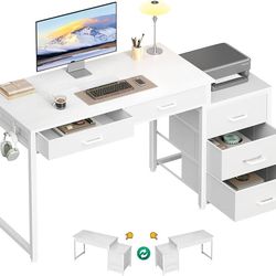 Computer Desk with 5 Drawers, 53 Inch Office Desk for Kids Study, White Vanity  Dressing Room, Small Computer Table for Bedroom, White