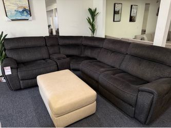 Furniture- High performance fabric 5 pc sectional with 3 power recliners- Hutchenson