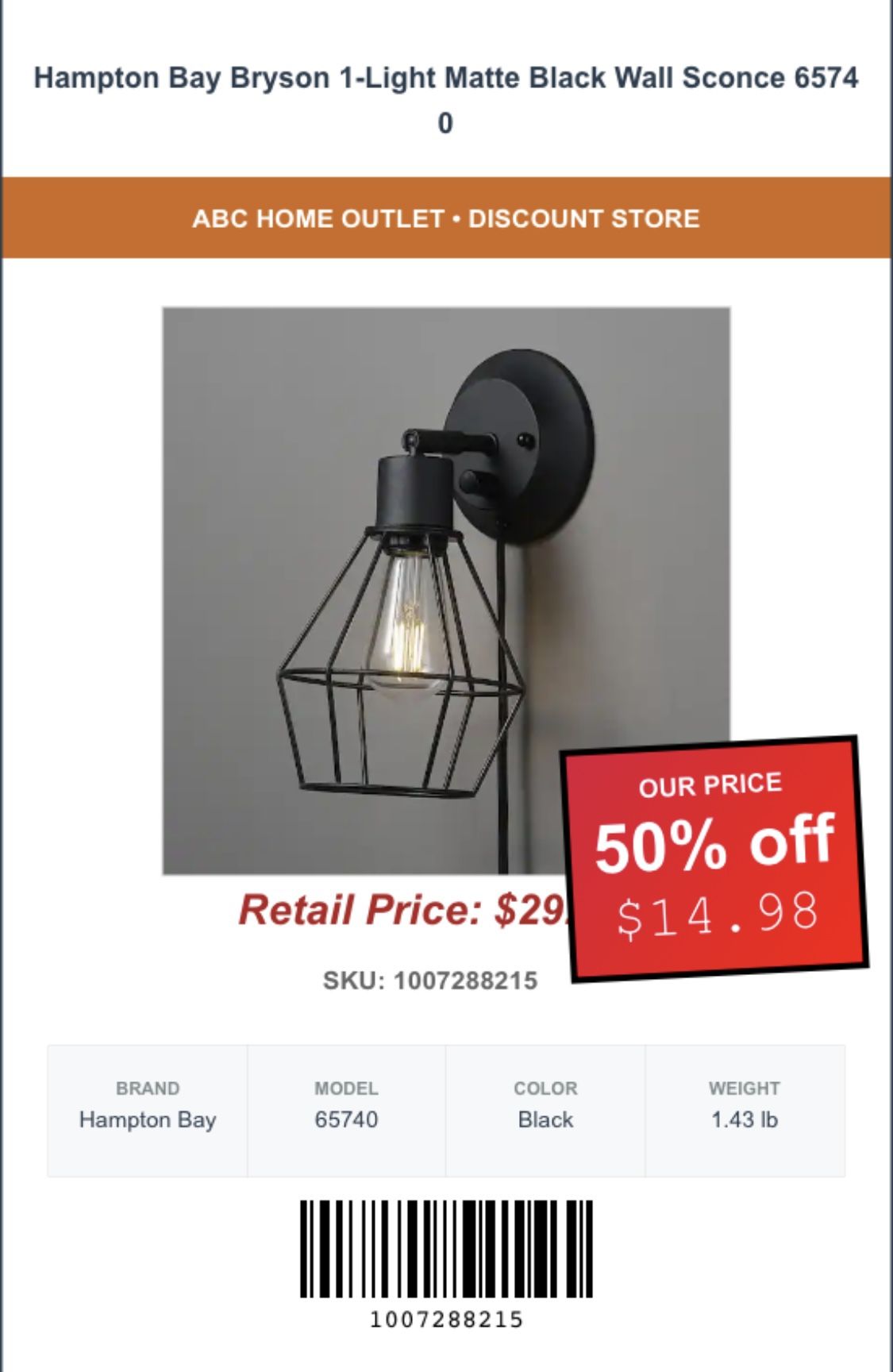 Hampton Bay Bryson 1-Light Matte Black Wall Sconce 6574 0
