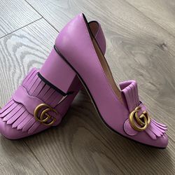 Gucci Leather Mid-Heel Pumps, Pink Leather 