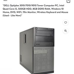 "DELL Optiplex 3010/7010/9010 Tower Computer PC, Intel Quad-Core i5, 500GB HDD, 8GB DDR3 RAM, Windows 10 Home, DVD, WIFI, 19in Monitor, Wireless Keybo