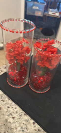Two Beautiful Cylinder Vases W/ref Jewels And Floral-center Piece-wedding-parties Etc