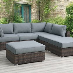 OUTDOOR PATIO POOLSIDE SEATING SECTIONAL SOFA CHAISE OTTOMAN GRAY FLAT RESIN WICKER
