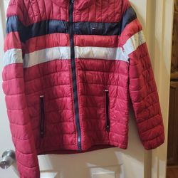 TOMMY HILFIGER Men's Red Multi Colorblock Quilted Hooded Puffer Jacke6