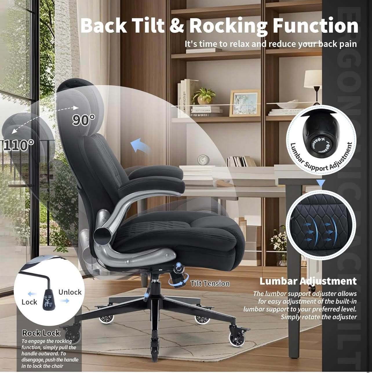 Fabric High Back Office Chair 400lbs Adjustable Built in Lumbar
