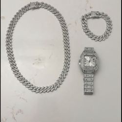 Iced Out Cuban Link Set w Watch
