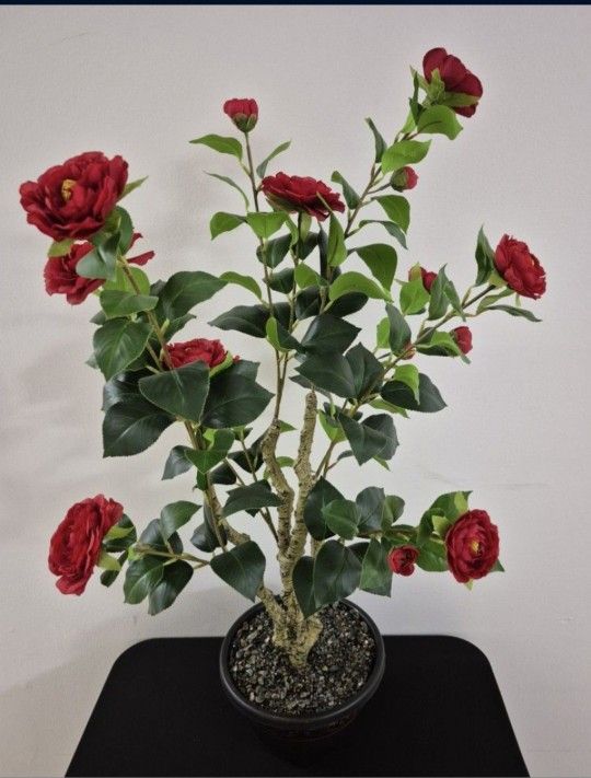 * NEW LOW PRICE * 38" Faux Red Camellia Tree Topped With Labradorite Stones in Resin Planter / Metal Stand @ Lasting Creations