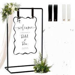Wedding Sign Holder, Adjustable Welcome to Our Wedding Sign Stand W/Design Bundle & Leather Sign Hanging Straps, Heavy Duty Easel Stand for Sign, Wedd