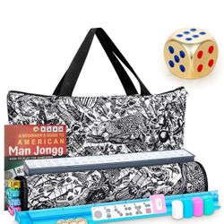 American Mahjong Game Set, 166 Premium White Tiles with Portable Metal Dices, 4 All-in-One Racks with Pushers, Mah-Jong Games Sets, Ma Jong Tile Game