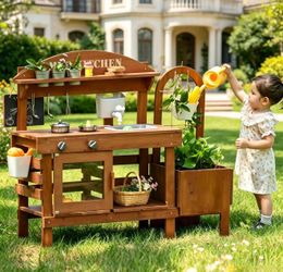 Outdoor Mud Kitchen for Kids 45in, Wooden Play Kitchen with Plant Growing Box, Observation Room, Sink, Faucet for Backyard Garden