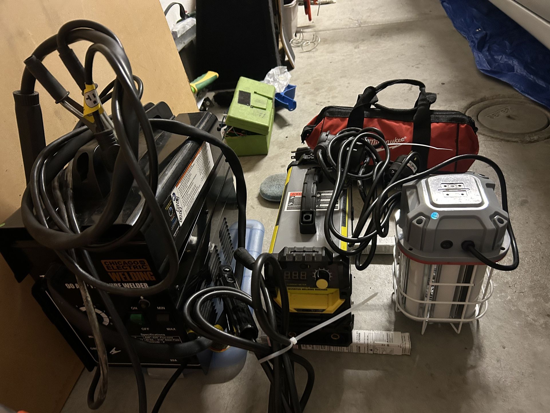 Two Welders , 11 Amp Milwaukee Grinder (new) 150 Watt LED Light 21,000 Lumens