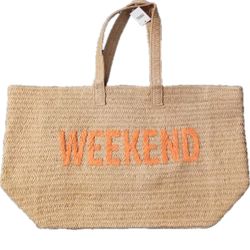 Oversized  23” Straw Tote - WEEKEND Embroidered Double Handle Weekend Beach Bag
