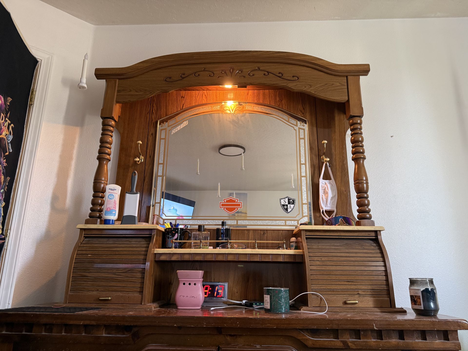 Very nice older extremely well built sturdy dresser with top shelf mirror and lighting