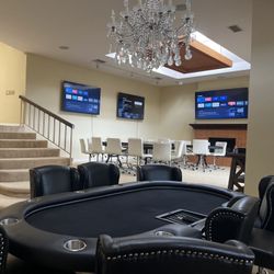 Black Poker Table w 10 Black leather chairs