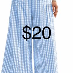 EVALESS Women's Wide Leg Palazzo Pants Casual Elastic High Waisted Cotton Gingham Plaid Culottes Trousers with Pockets