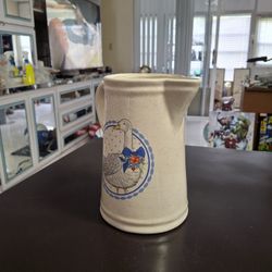 64 OZ Ceramic Pitcher With Goose Wearing A Blue Ribbon With Colorful Flowers, Great Country Decor