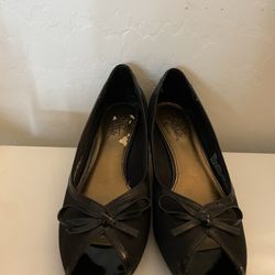 Black suede kitten heels with bow detail 