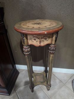 Ornate Painted Wood Pedestal Plant Stand