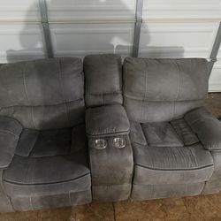Gray Leather Couch With Recliners And Cup Holders